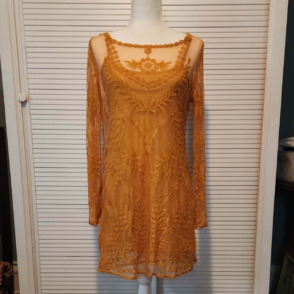 H&M Divided Yellow Orange Sheer Lace Embroidered Long Sleeve Dress 10